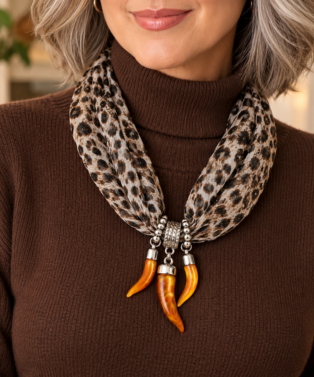 Step In Style Leopard Animal Print Scarf Necklace 29" Silver Tone Horn Charms